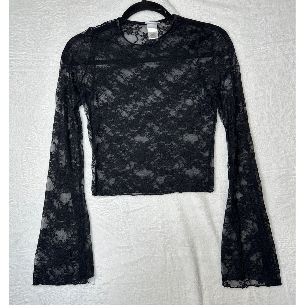 rue21 Lace Top Womens Medium Black Y2K Sheer Bell Sleeve Floral 0996